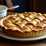 A professional close-up photograph of a perfectly baked, golden-brown apple pie, displayed on a rustic wooden table. The pie showcases a beautifully crimped shortcrust pastry, a slightly mounded, abundant apple filling, and a subtly latticed top. A warm, inviting atmosphere is conveyed through soft, diffused lighting and a cozy blurred background of a traditional kitchen. Next to the pie, a single scoop of melting vanilla ice cream adds to the appeal. High-quality food photography, delicious textures, natural colors, professional, family-friendly, appropriate content, fully clothed (contextually), safe for work, perfect anatomy, correct proportions.