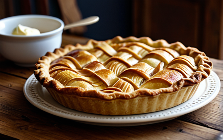 A professional close-up photograph of a perfectly baked, golden-brown apple pie, displayed on a rustic wooden table. The pie showcases a beautifully crimped shortcrust pastry, a slightly mounded, abundant apple filling, and a subtly latticed top. A warm, inviting atmosphere is conveyed through soft, diffused lighting and a cozy blurred background of a traditional kitchen. Next to the pie, a single scoop of melting vanilla ice cream adds to the appeal. High-quality food photography, delicious textures, natural colors, professional, family-friendly, appropriate content, fully clothed (contextually), safe for work, perfect anatomy, correct proportions.