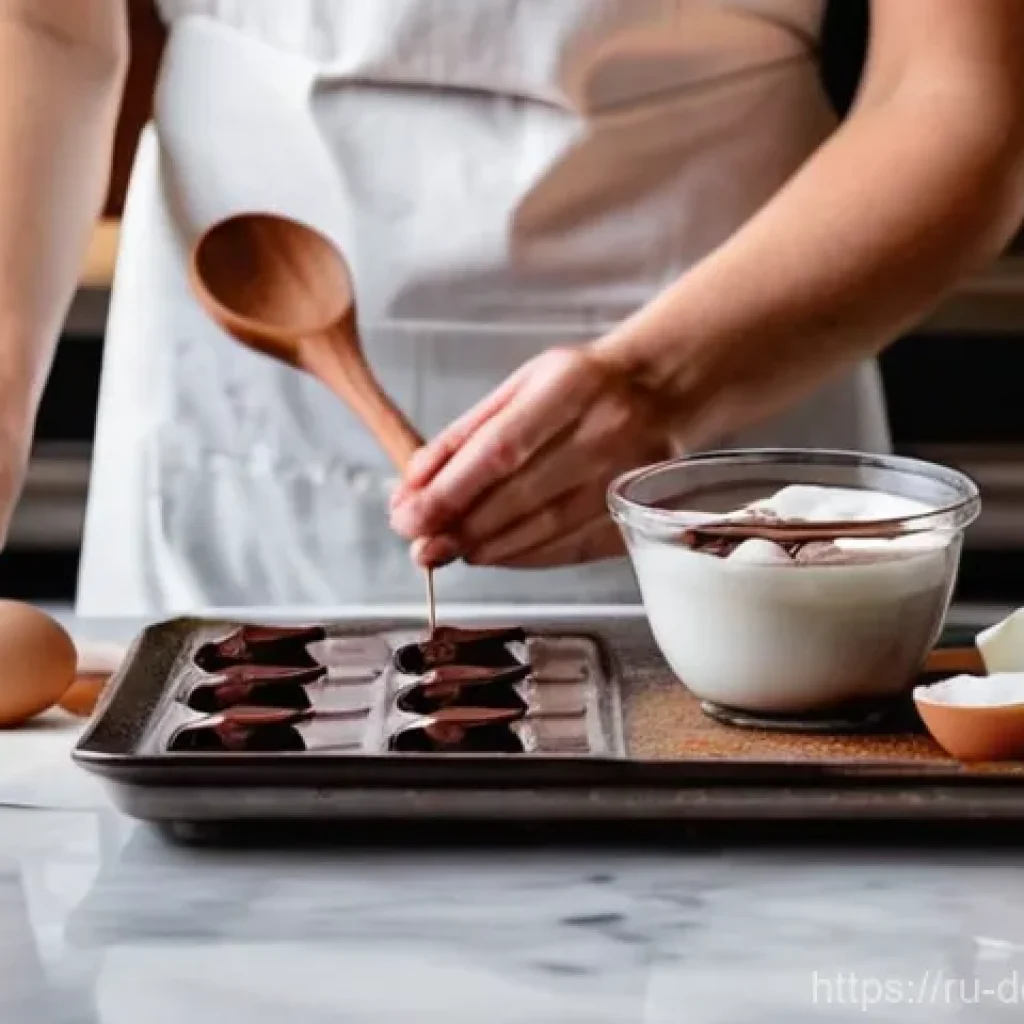 초콜릿 디저트 - **Prompt:** A cozy, warmly lit kitchen scene. A female home baker in her 30s, dressed in a simple, c...