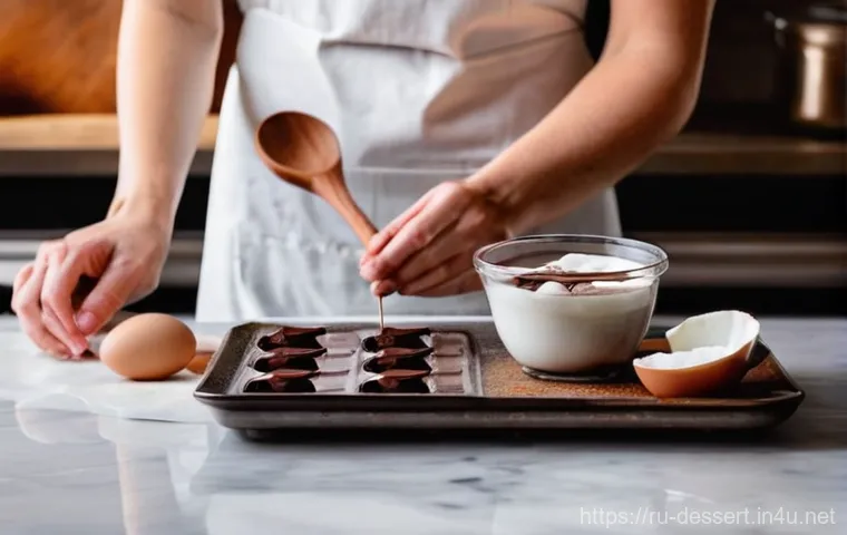 초콜릿 디저트 - **Prompt:** A cozy, warmly lit kitchen scene. A female home baker in her 30s, dressed in a simple, c...