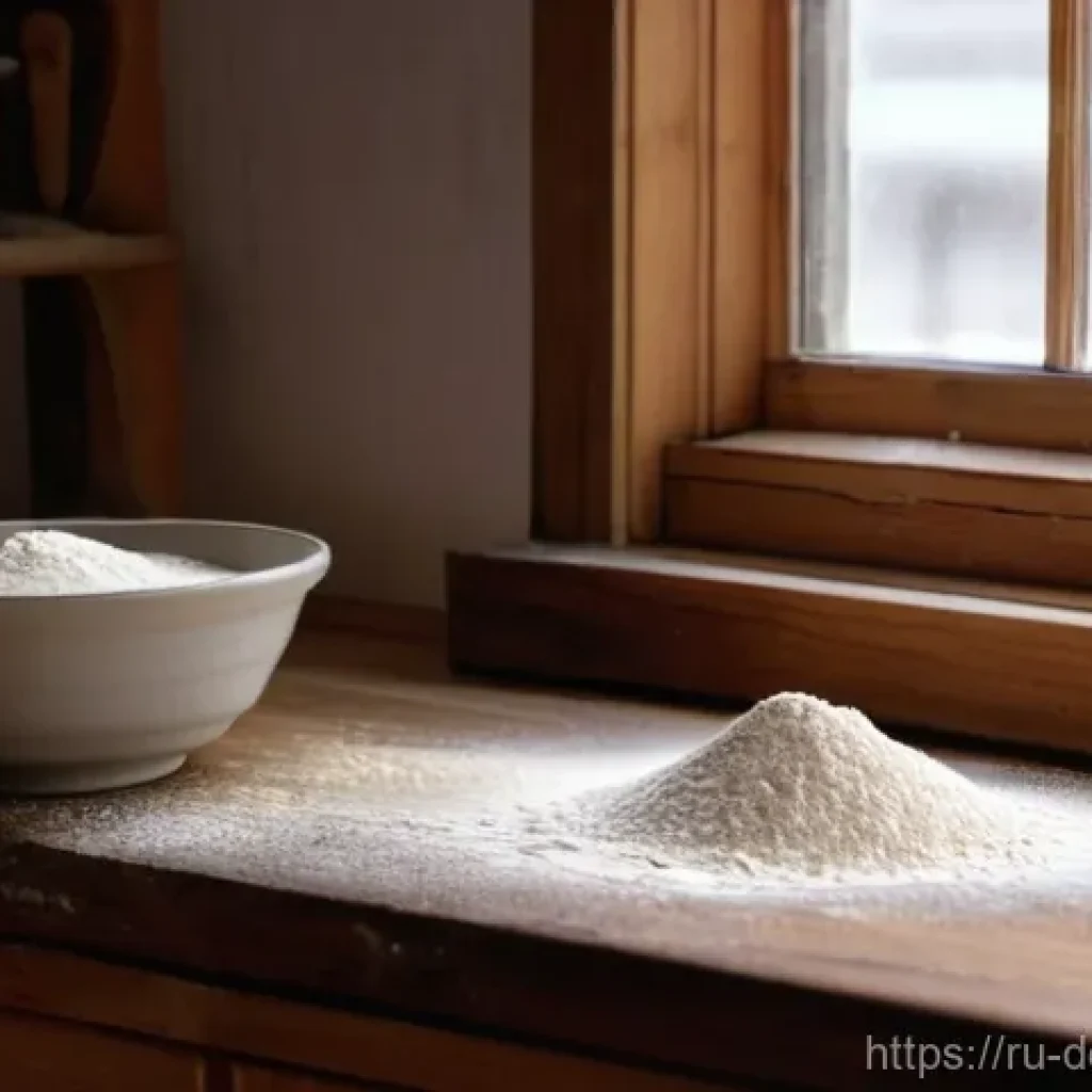 베이킹 재료의 종류 - **Prompt:** A cozy and well-lit rustic kitchen counter, bathed in soft, natural sunlight from a wind...