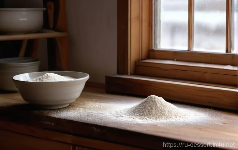 베이킹 재료의 종류 - **Prompt:** A cozy and well-lit rustic kitchen counter, bathed in soft, natural sunlight from a wind...