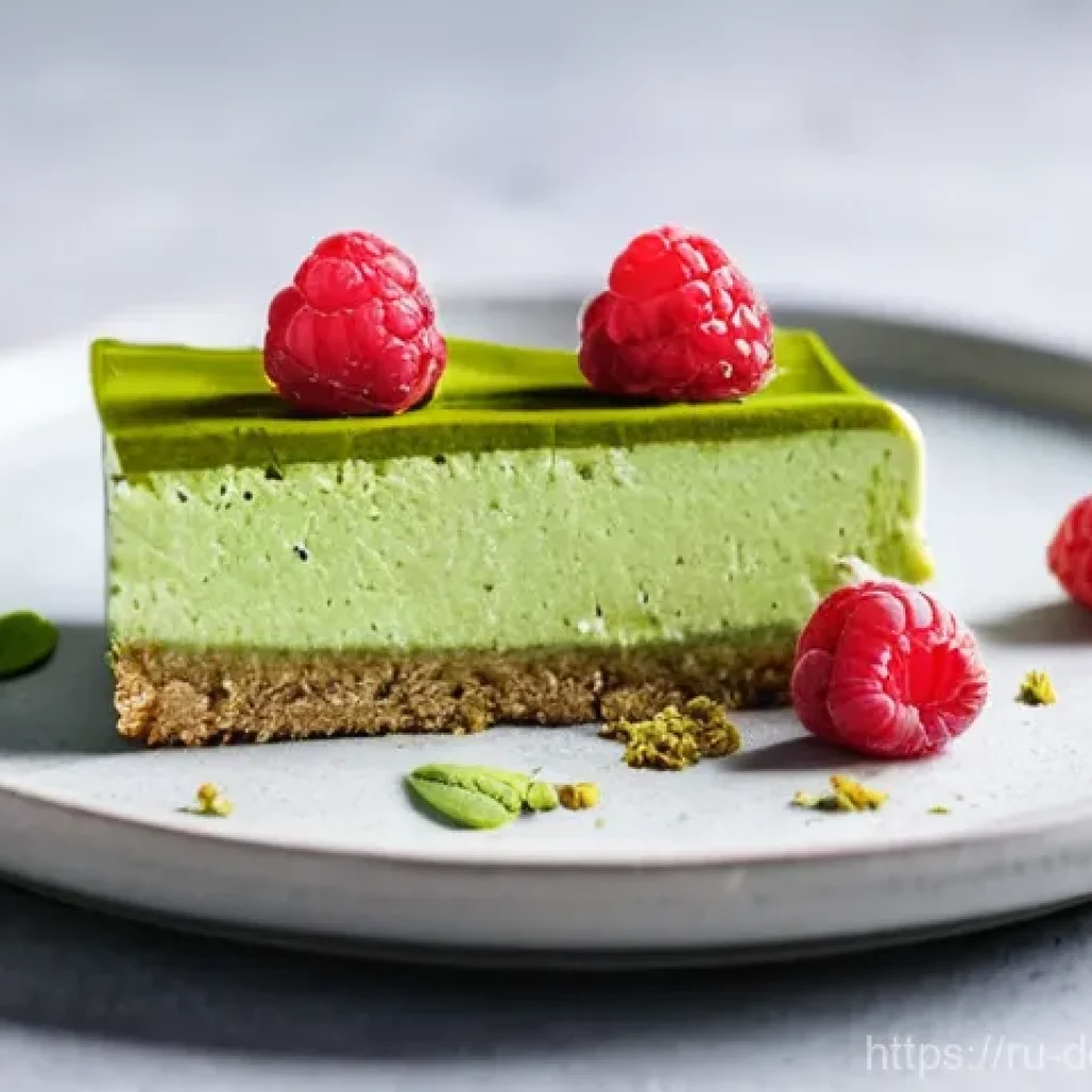 디저트 트렌드 - **Prompt: A beautifully plated, vibrant green vegan matcha cheesecake slice on a light wooden table....