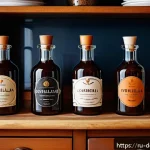 Home 20 바닐라 추출물 가격 비교 - A cozy Russian kitchen scene featuring a wooden table with various bottles of vanilla extract from p...