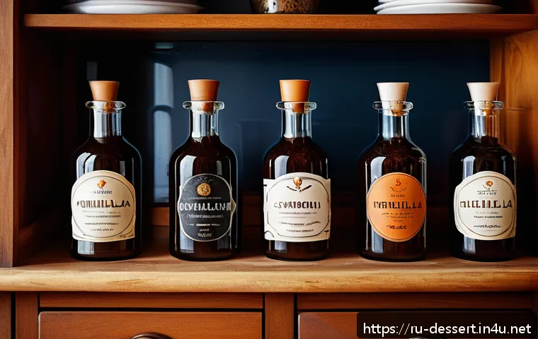 바닐라 추출물 가격 비교 - A cozy Russian kitchen scene featuring a wooden table with various bottles of vanilla extract from p...