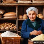 Home 17 일반 제빵 재료 가격 - A cozy Russian kitchen scene featuring a middle-aged person thoughtfully selecting baking ingredient...