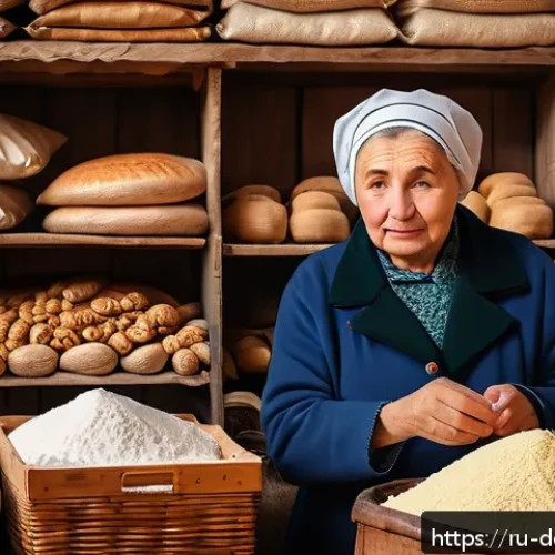 Home 29 일반 제빵 재료 가격 - A cozy Russian kitchen scene featuring a middle-aged person thoughtfully selecting baking ingredient...