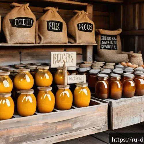 Home 16 베이킹 재료 구매처 - A cozy rustic farmer’s market stall in a Russian village setting, filled with fresh, organic product...