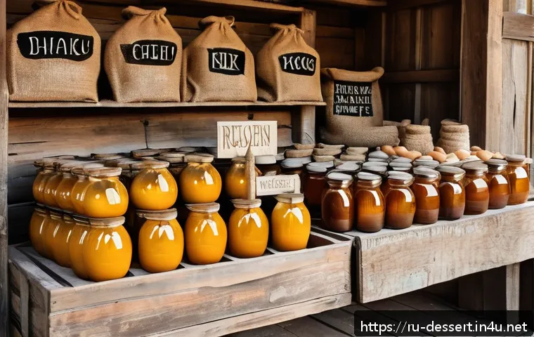 베이킹 재료 구매처 - A cozy rustic farmer’s market stall in a Russian village setting, filled with fresh, organic product...