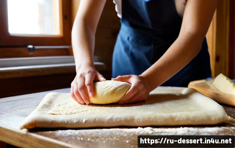 Home 17 크루아상 만들기 - Photorealistic close-up of hands folding laminated butter dough on a lightly floured wooden kitchen ...